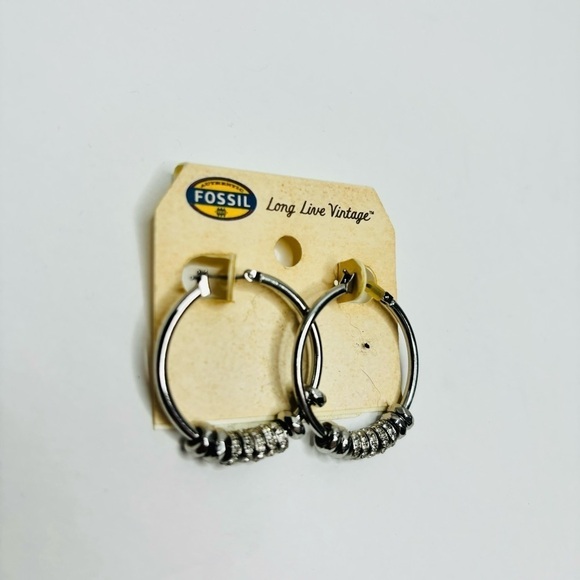 FOSSIL Rondel Nuget Silver Charm Hoops - Picture 2 of 6